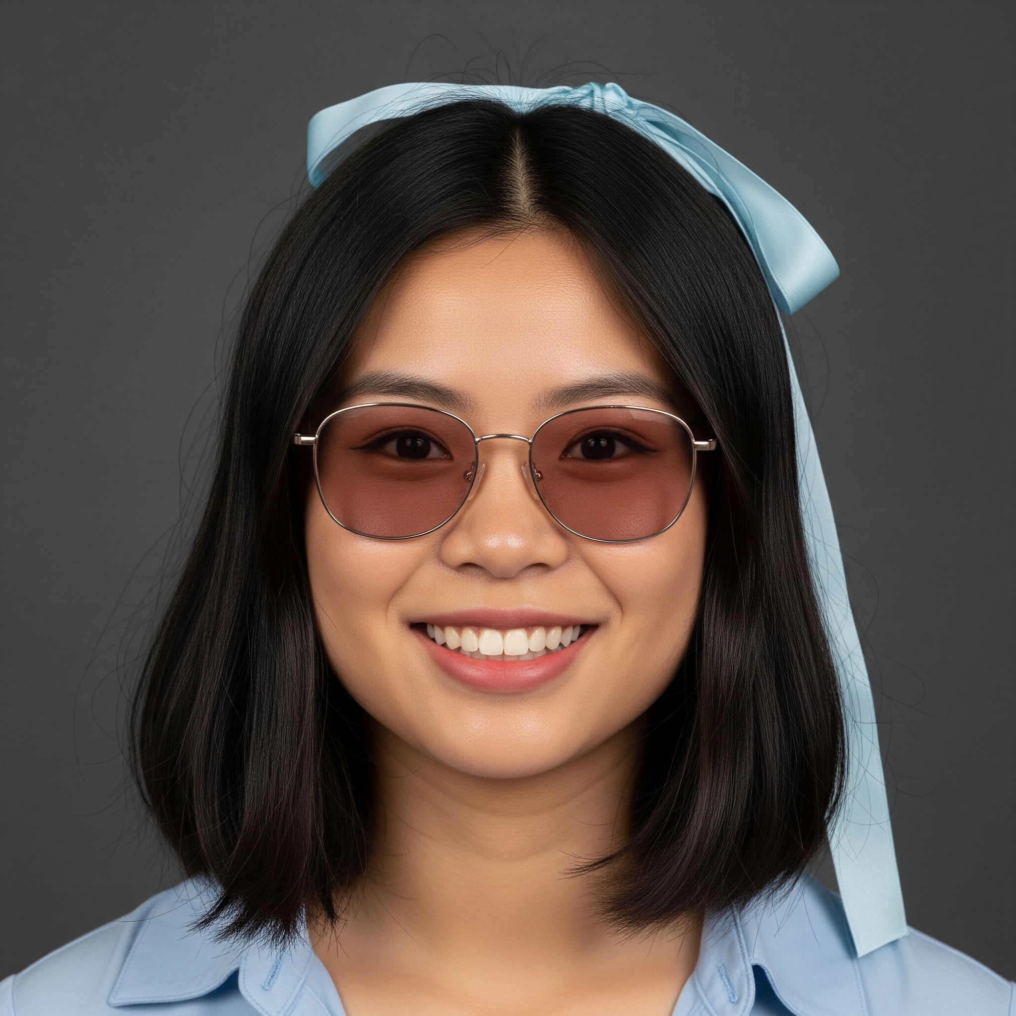Exemple d'une photo de passeport canadien inacceptable : sourire, lunettes teintées, accessoire cheveux, fond sombre.