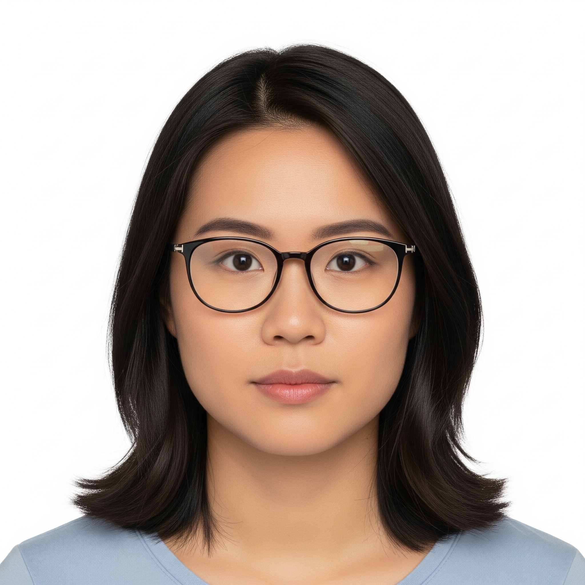 Exemple d'une photo de passeport canadien acceptable : expression neutre, fond blanc uni, lunettes claires.